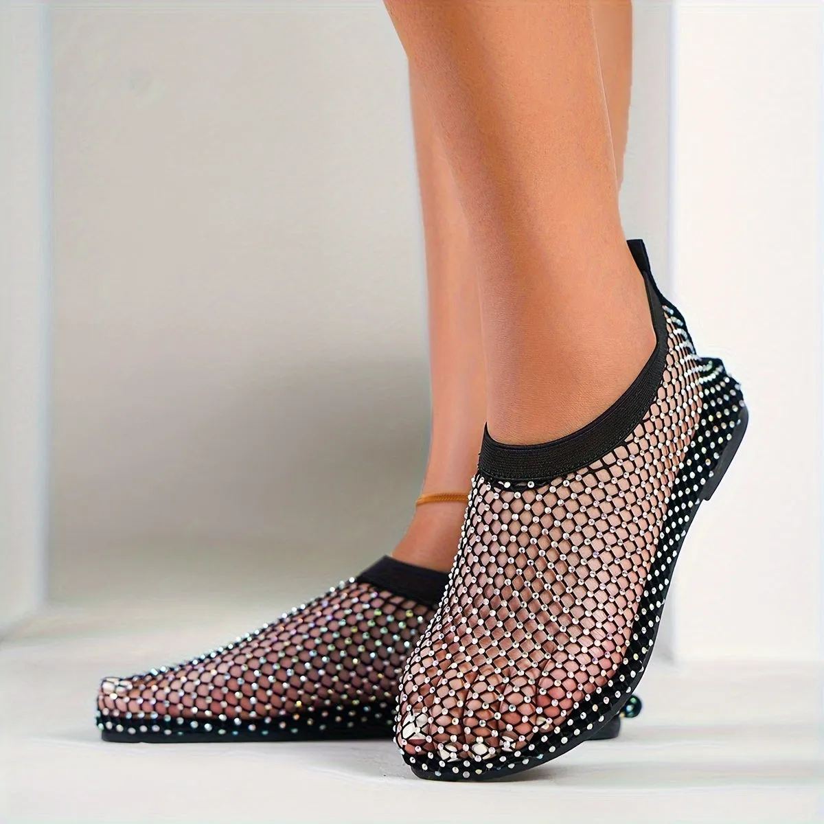 Sparkling Women's Rhinestone-Embellished Flats - Breathable Hollow-Out Design, Comfy Slip-On Summer Casual Footwear