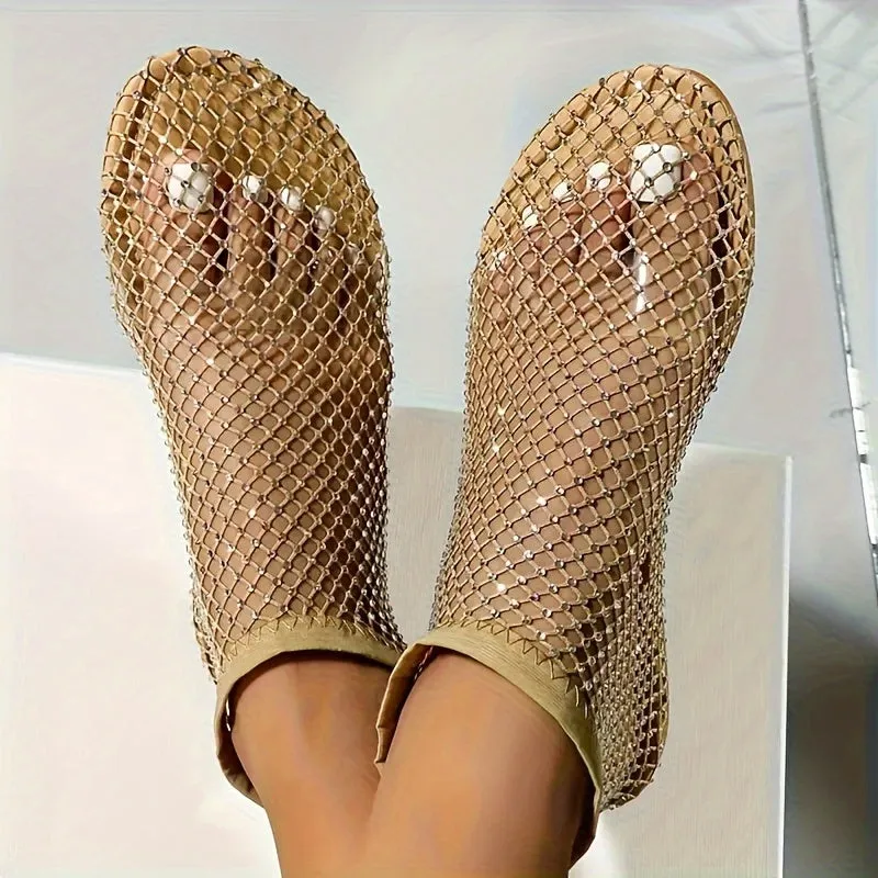 Sparkling Women's Rhinestone-Embellished Flats - Breathable Hollow-Out Design, Comfy Slip-On Summer Casual Footwear