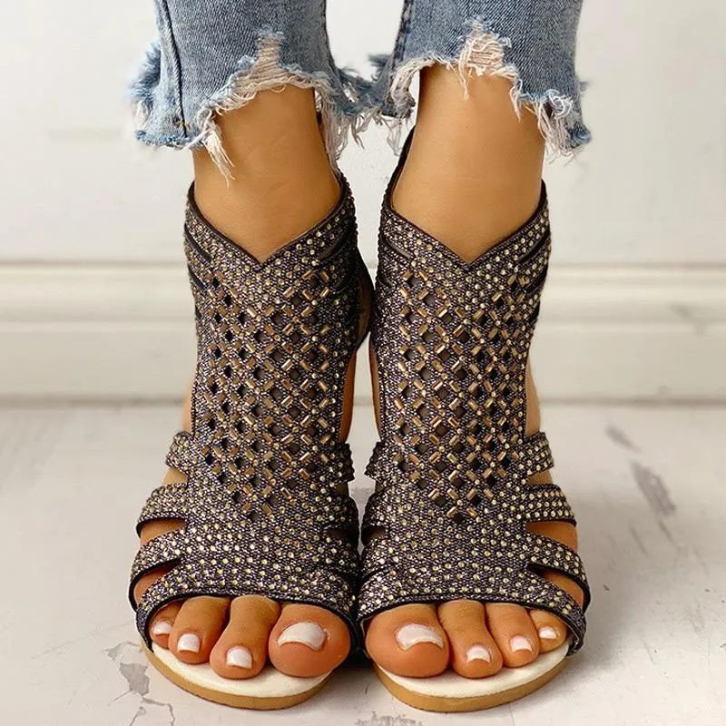 Studded Detail Hollow Out Flat Sandals