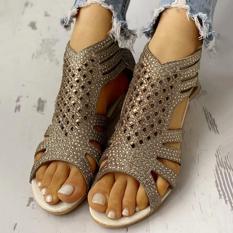 Studded Detail Hollow Out Flat Sandals