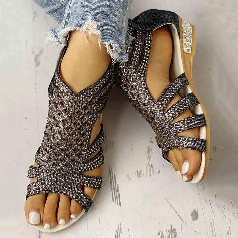 Studded Detail Hollow Out Flat Sandals