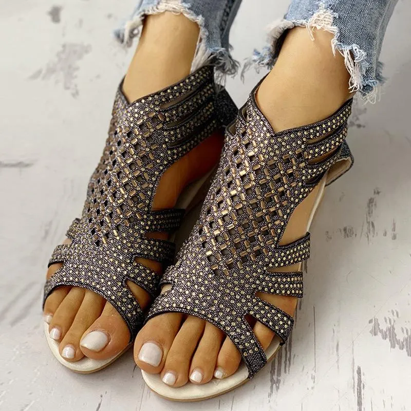 Studded Detail Hollow Out Flat Sandals