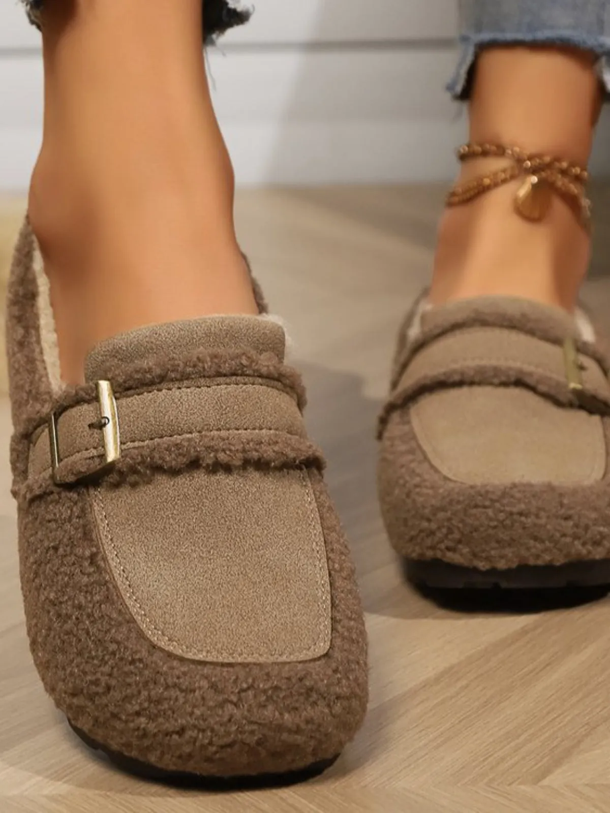 Suedette Buckle Plush Slip-Ons