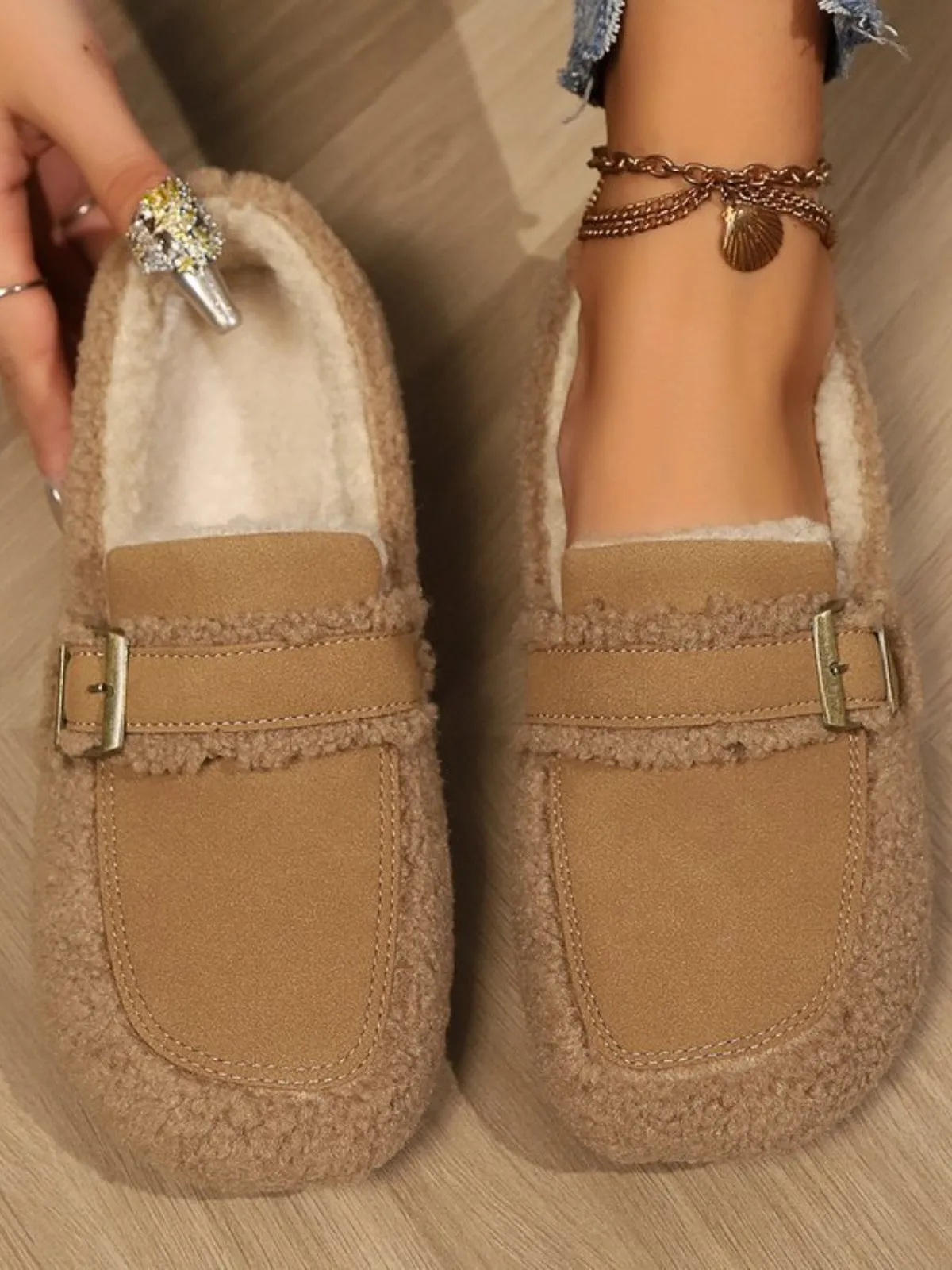 Suedette Buckle Plush Slip-Ons