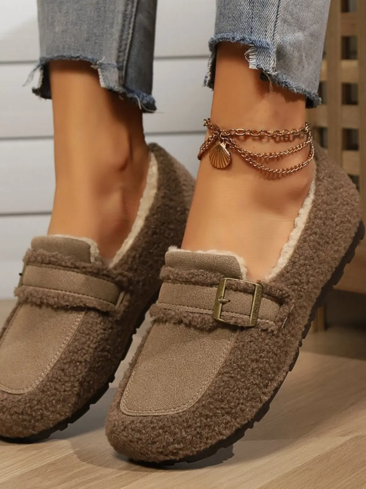 Suedette Buckle Plush Slip-Ons