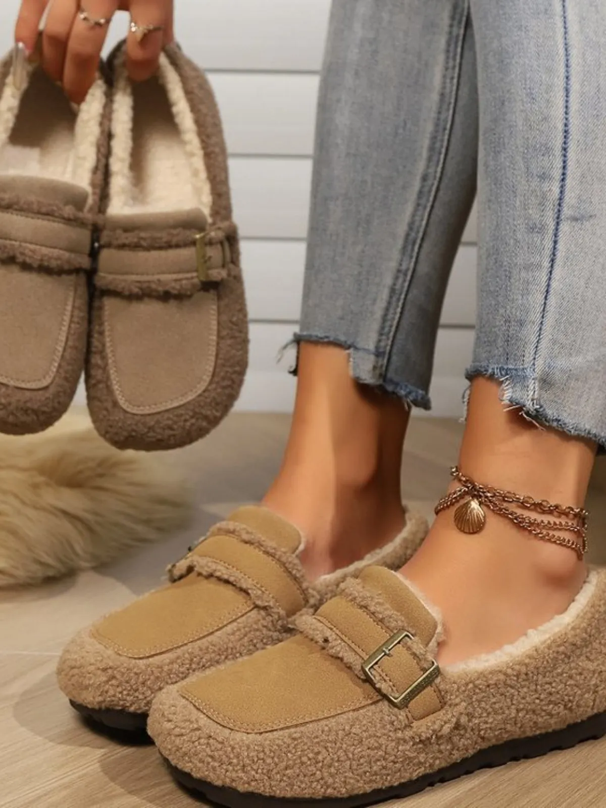 Suedette Buckle Plush Slip-Ons