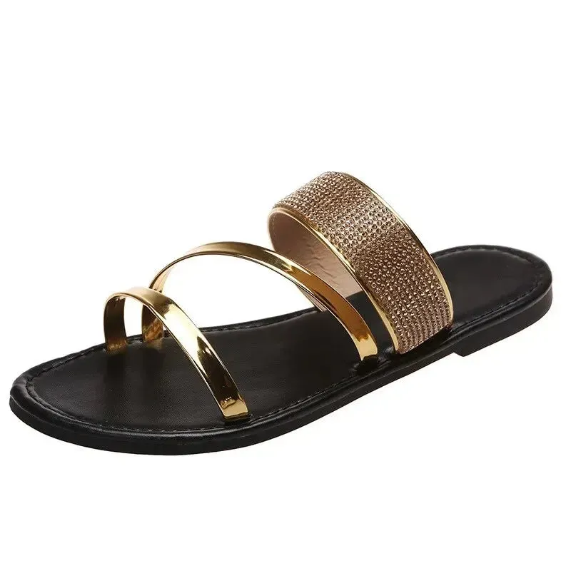 Summer Sandals for Women Flat Sandal Sparkle Rhinestone Slide Trendy Women's Beach