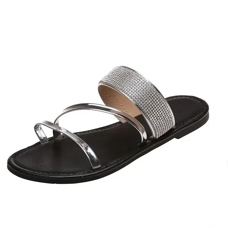 Summer Sandals for Women Flat Sandal Sparkle Rhinestone Slide Trendy Women's Beach