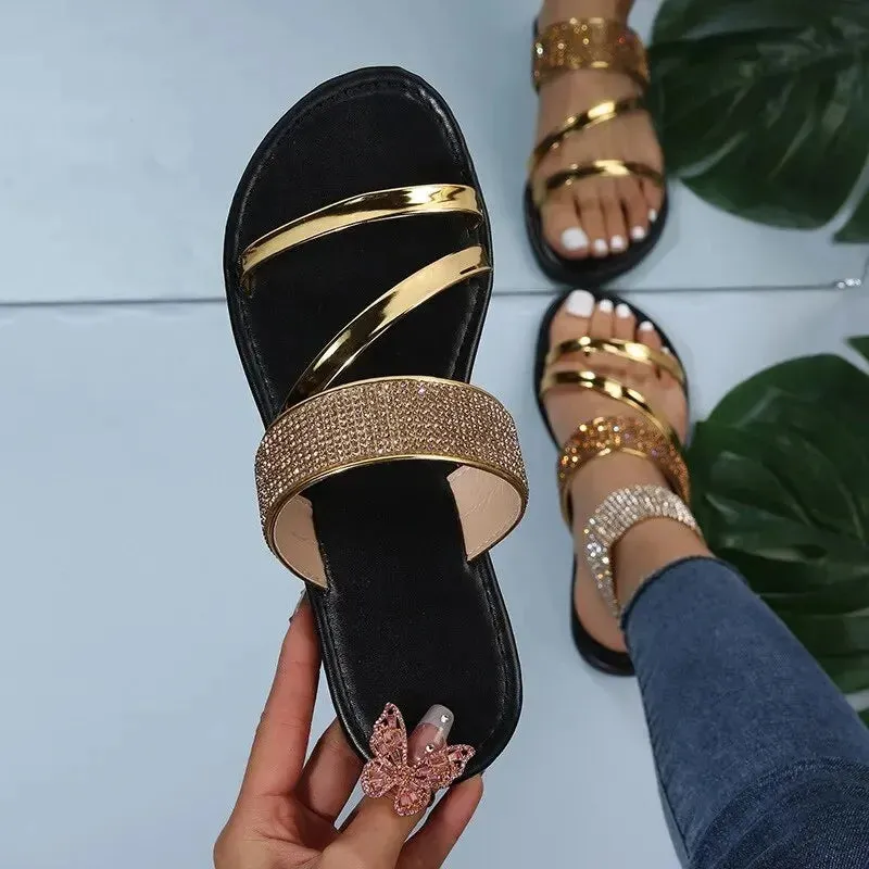 Summer Sandals for Women Flat Sandal Sparkle Rhinestone Slide Trendy Women's Beach