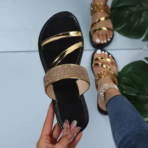 Summer Sandals for Women Flat Sandal Sparkle Rhinestone Slide Trendy Women's Beach