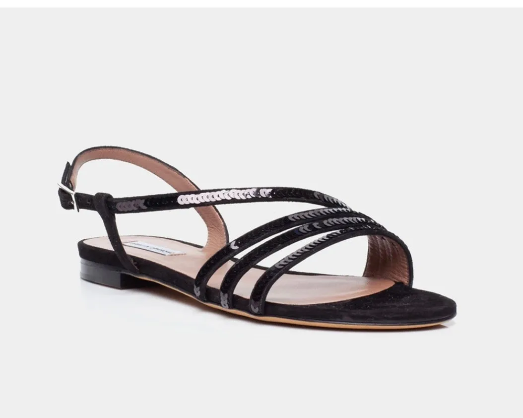 Tabitha Simmons BETTY BLACK KIDSUEDE FLAT SANDAL W/SEQUIN STRAPS