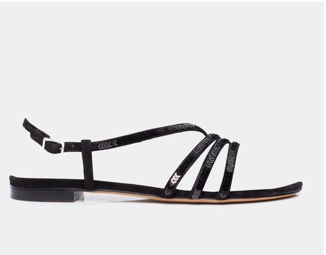 Tabitha Simmons BETTY BLACK KIDSUEDE FLAT SANDAL W/SEQUIN STRAPS