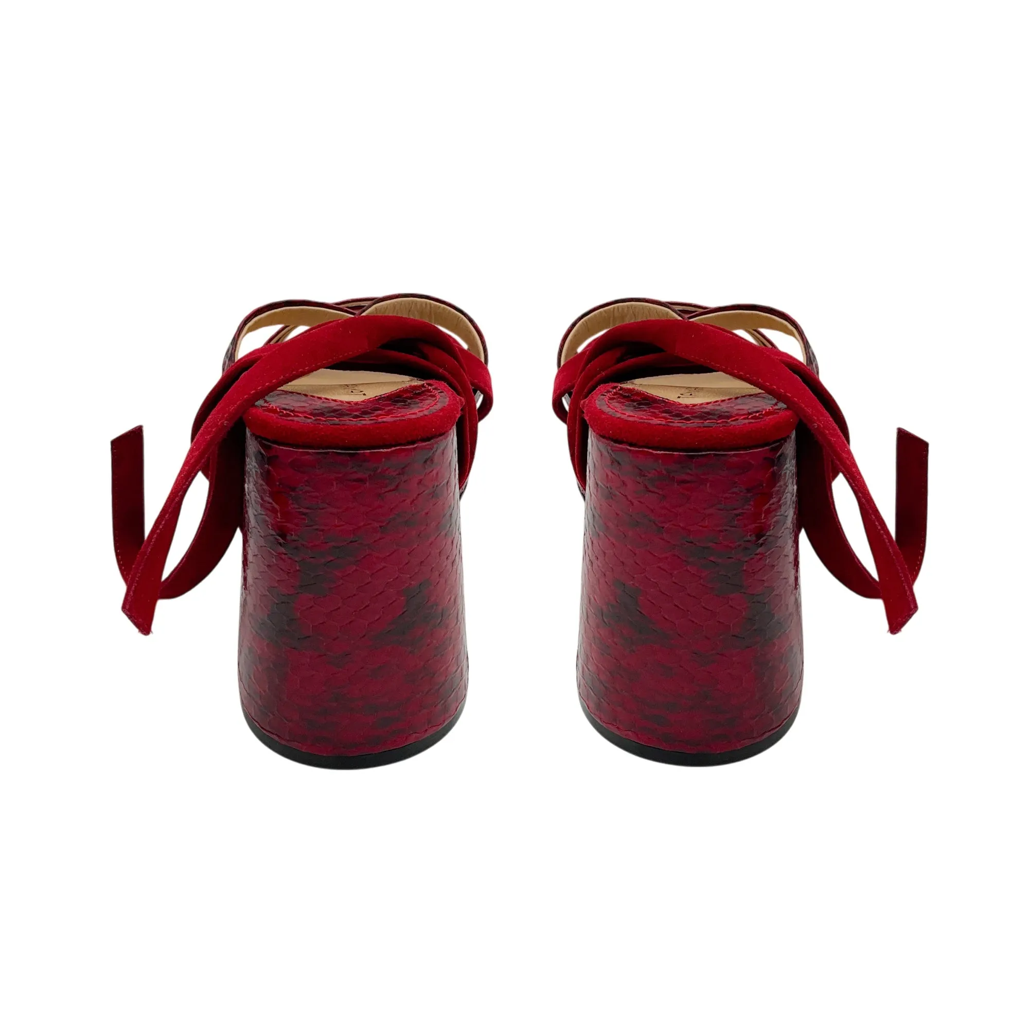 Tamara Mellon Deep Red Snakeskin Print and Suede Sandals