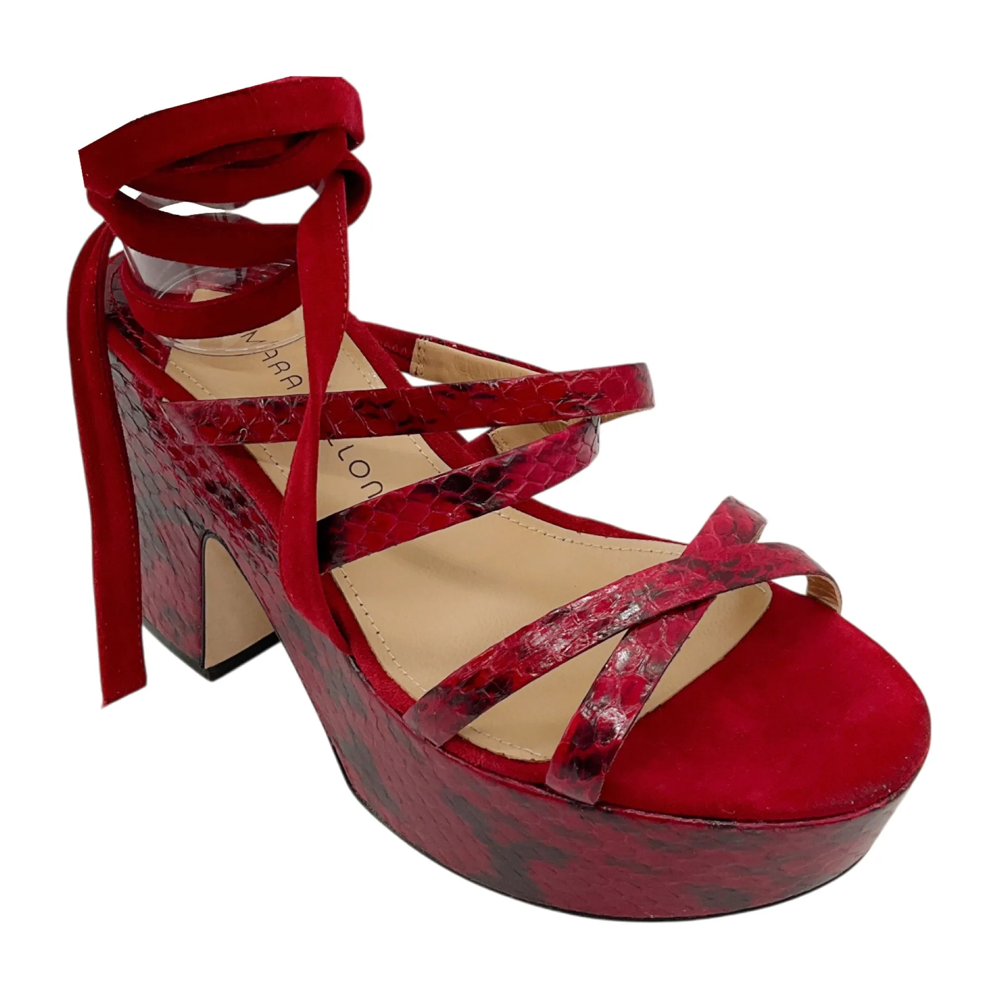 Tamara Mellon Deep Red Snakeskin Print and Suede Sandals