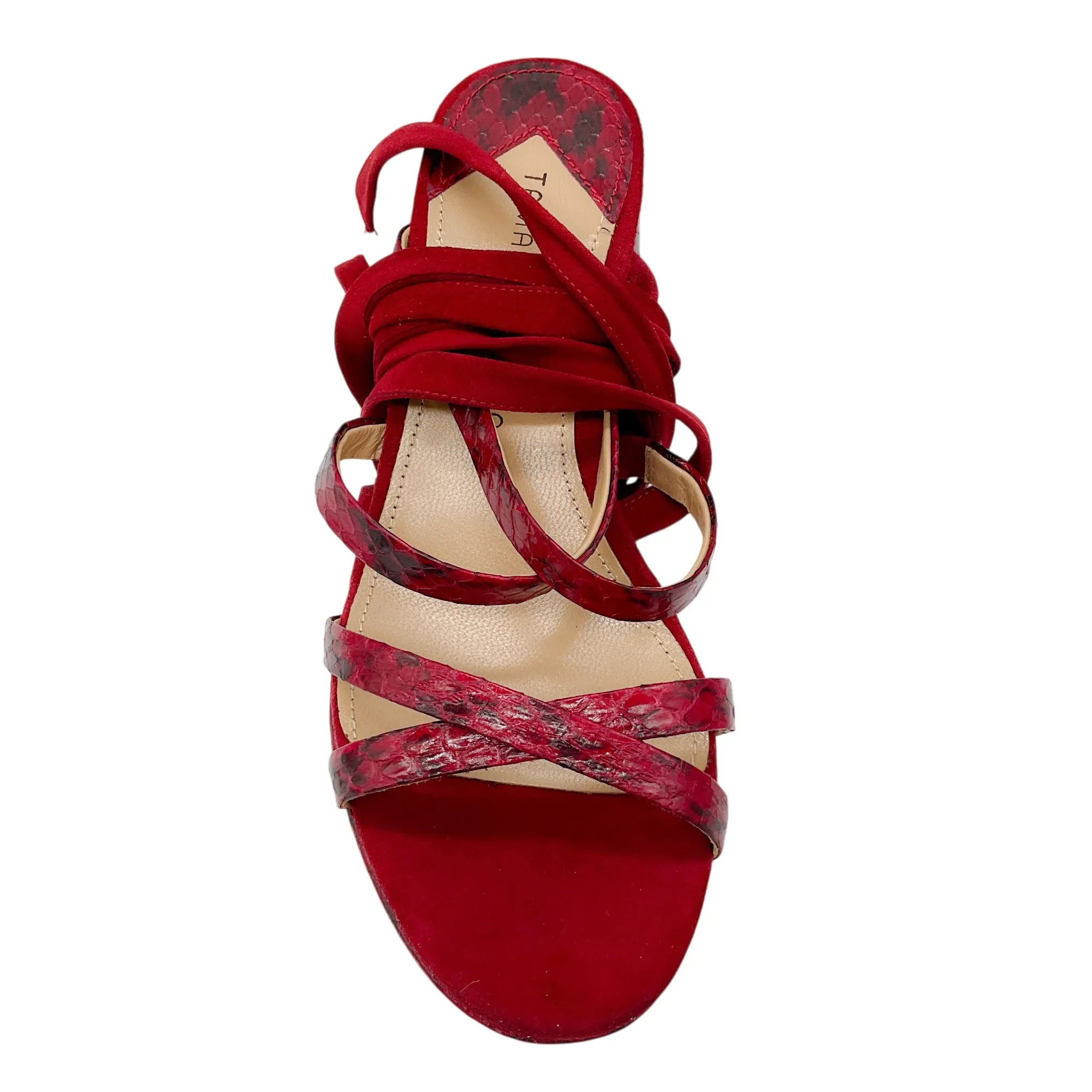 Tamara Mellon Deep Red Snakeskin Print and Suede Sandals