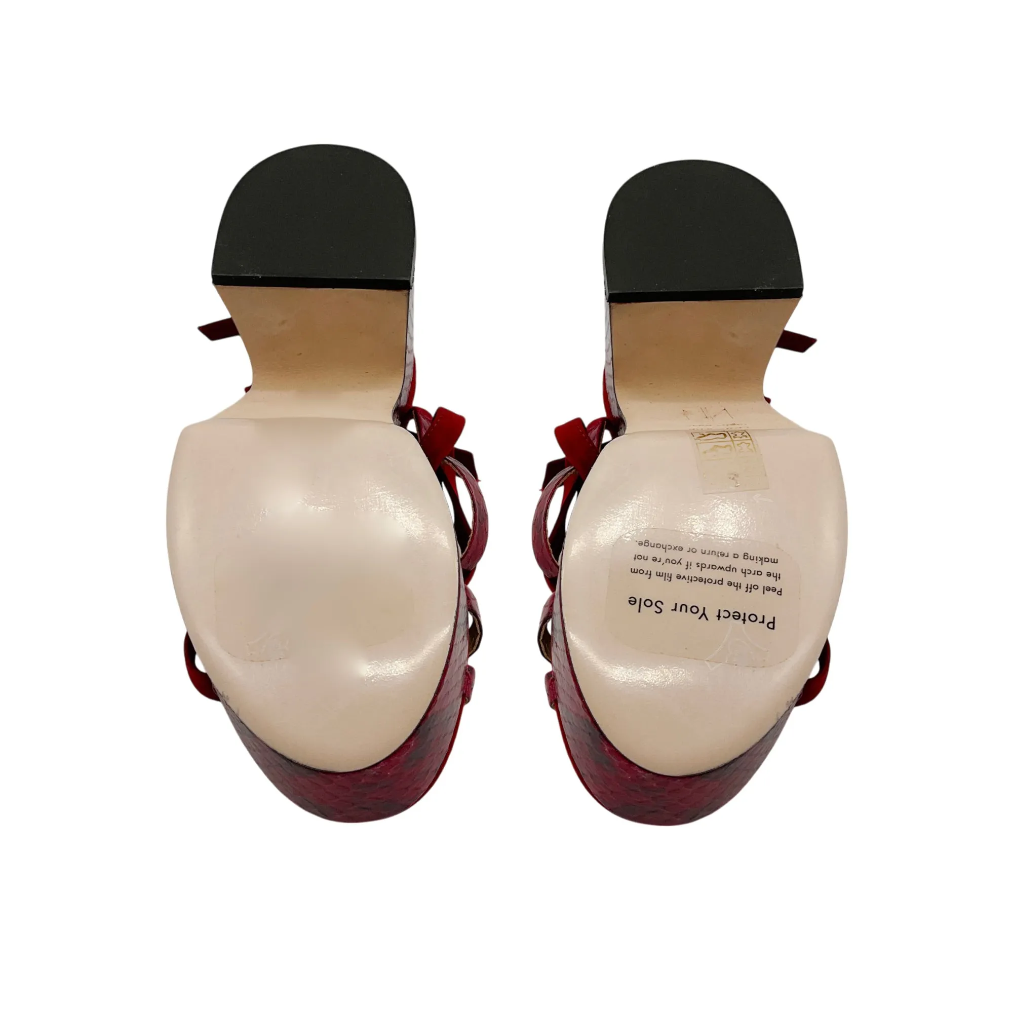 Tamara Mellon Deep Red Snakeskin Print and Suede Sandals