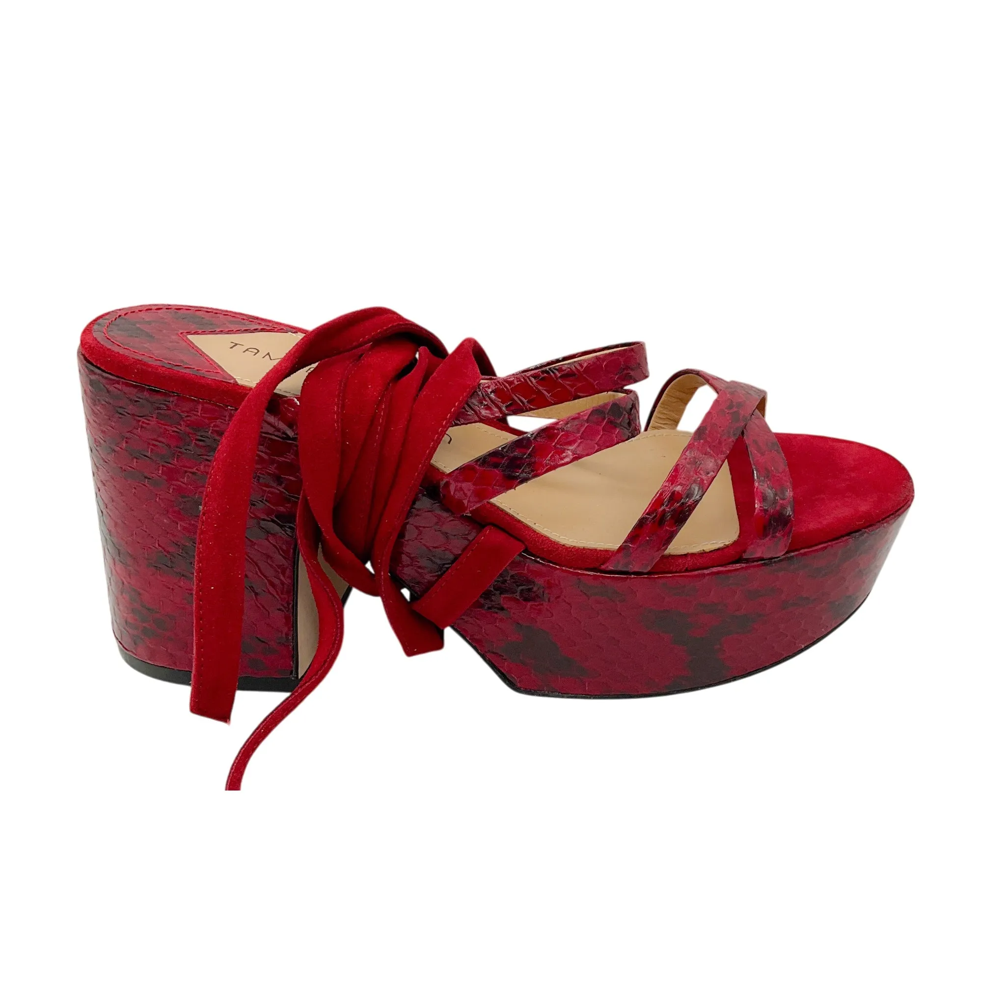 Tamara Mellon Deep Red Snakeskin Print and Suede Sandals