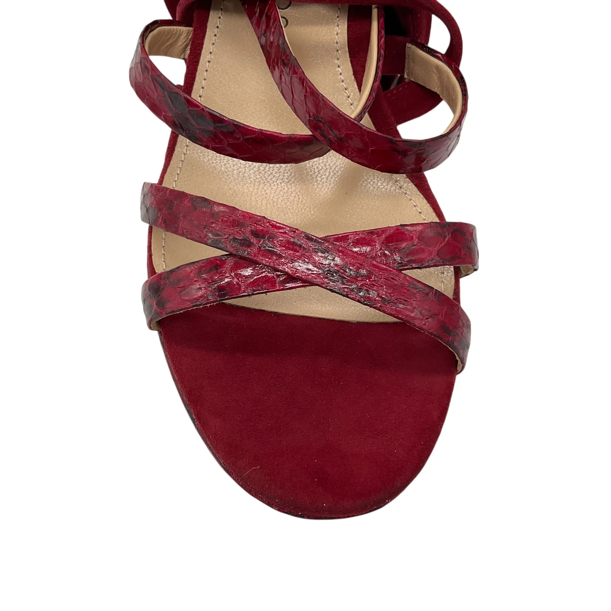 Tamara Mellon Deep Red Snakeskin Print and Suede Sandals