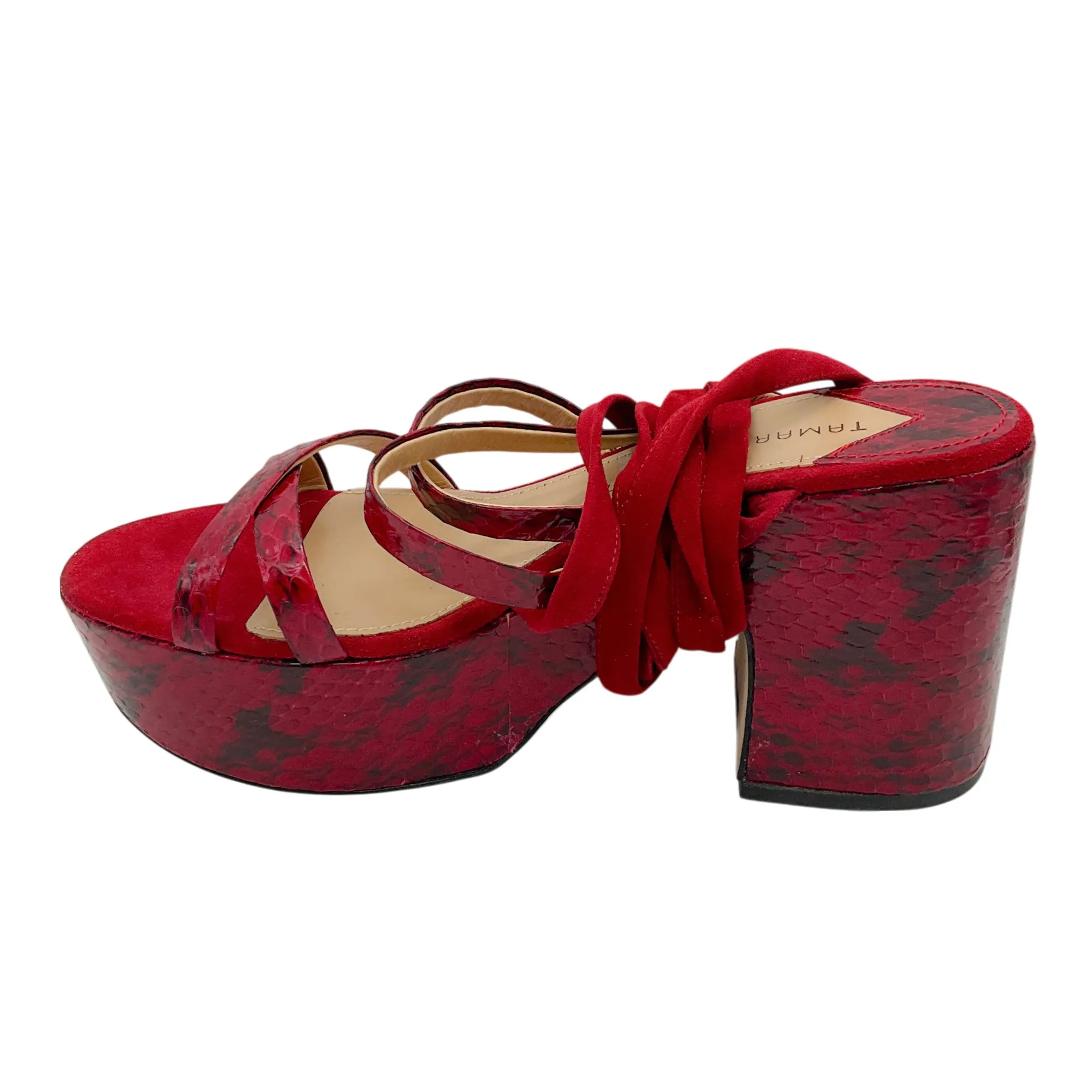 Tamara Mellon Deep Red Snakeskin Print and Suede Sandals