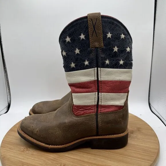 Twisted X Youth Size 1 M American Flag Cowboy Boots Shoes Brown Leather YOW0010