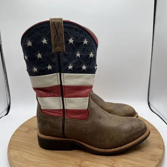 Twisted X Youth Size 1 M American Flag Cowboy Boots Shoes Brown Leather YOW0010
