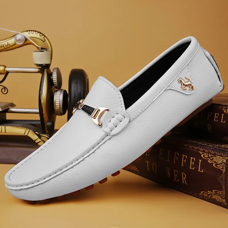 White Loafers Men Handmade Leather Shoes Black Casual Driving Flats Blue Slip-On Moccasins Boat Shoes Plus Size 46 47 48