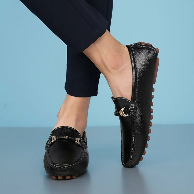 White Loafers Men Handmade Leather Shoes Black Casual Driving Flats Blue Slip-On Moccasins Boat Shoes Plus Size 46 47 48