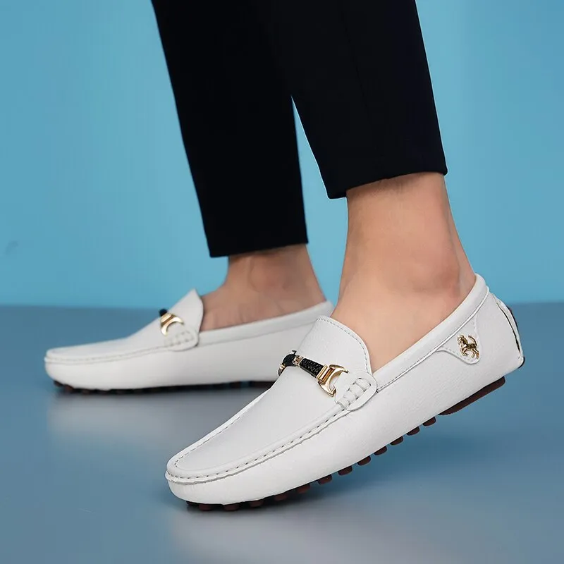 White Loafers Men Handmade Leather Shoes Black Casual Driving Flats Blue Slip-On Moccasins Boat Shoes Plus Size 46 47 48