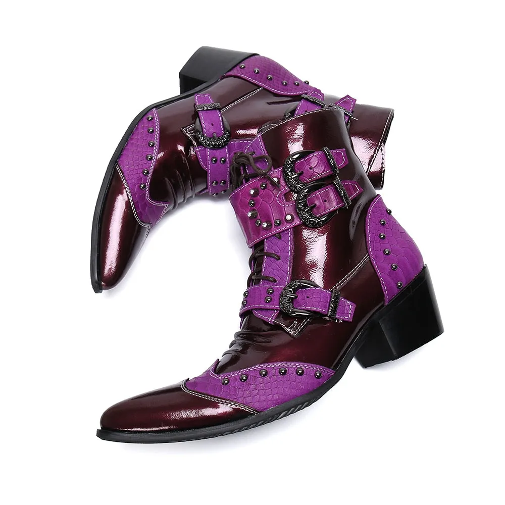 Winter Fashion Men Boots Rivets Patchwork Genuine Leather Mid-boots Male Lace Up Motorcycle Boots Plus Size Shoes