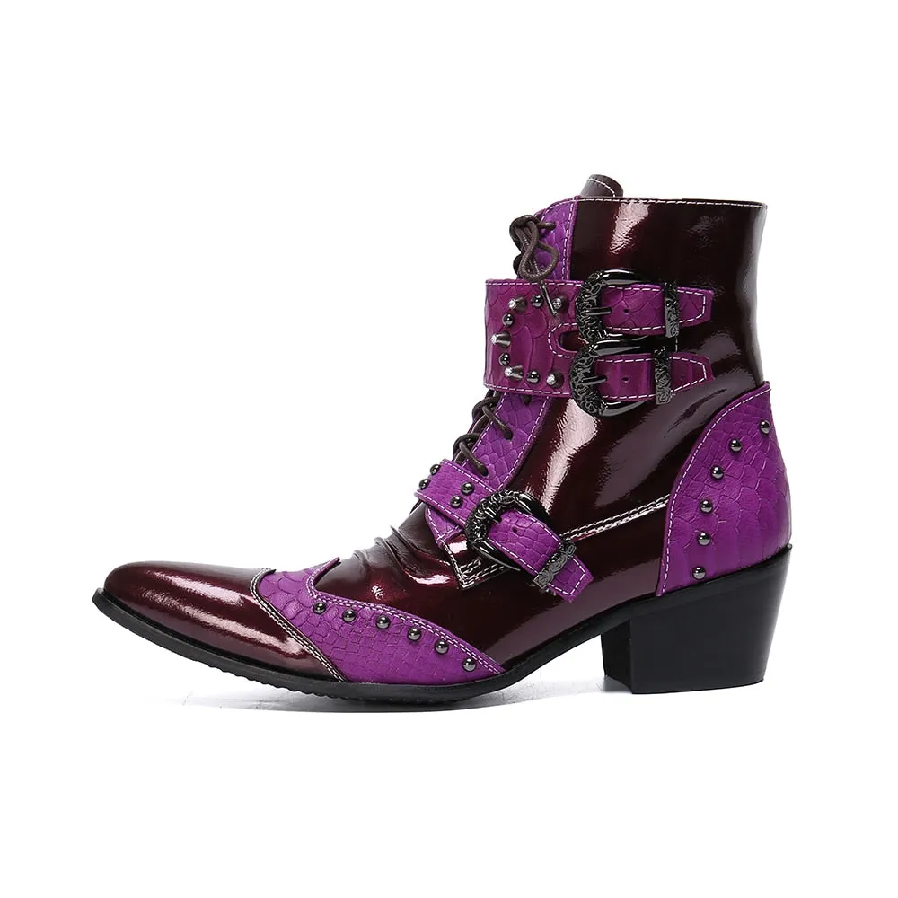 Winter Fashion Men Boots Rivets Patchwork Genuine Leather Mid-boots Male Lace Up Motorcycle Boots Plus Size Shoes