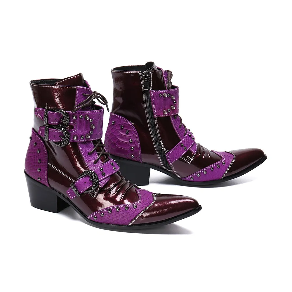 Winter Fashion Men Boots Rivets Patchwork Genuine Leather Mid-boots Male Lace Up Motorcycle Boots Plus Size Shoes