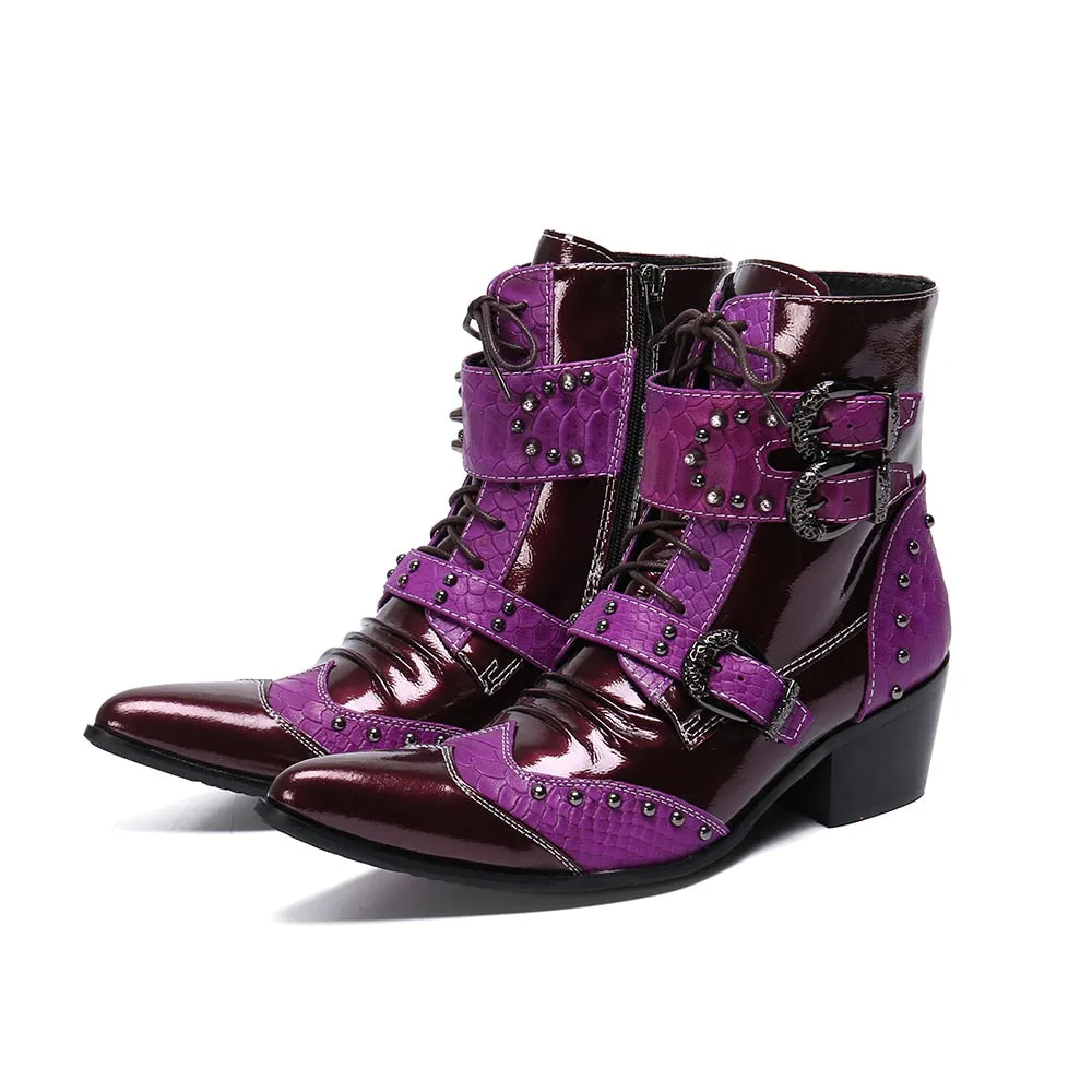 Winter Fashion Men Boots Rivets Patchwork Genuine Leather Mid-boots Male Lace Up Motorcycle Boots Plus Size Shoes