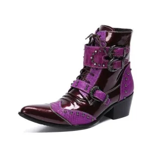 Winter Fashion Men Boots Rivets Patchwork Genuine Leather Mid-boots Male Lace Up Motorcycle Boots Plus Size Shoes