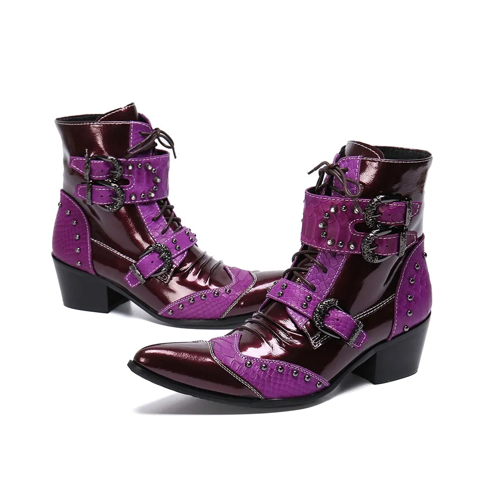 Winter Fashion Men Boots Rivets Patchwork Genuine Leather Mid-boots Male Lace Up Motorcycle Boots Plus Size Shoes