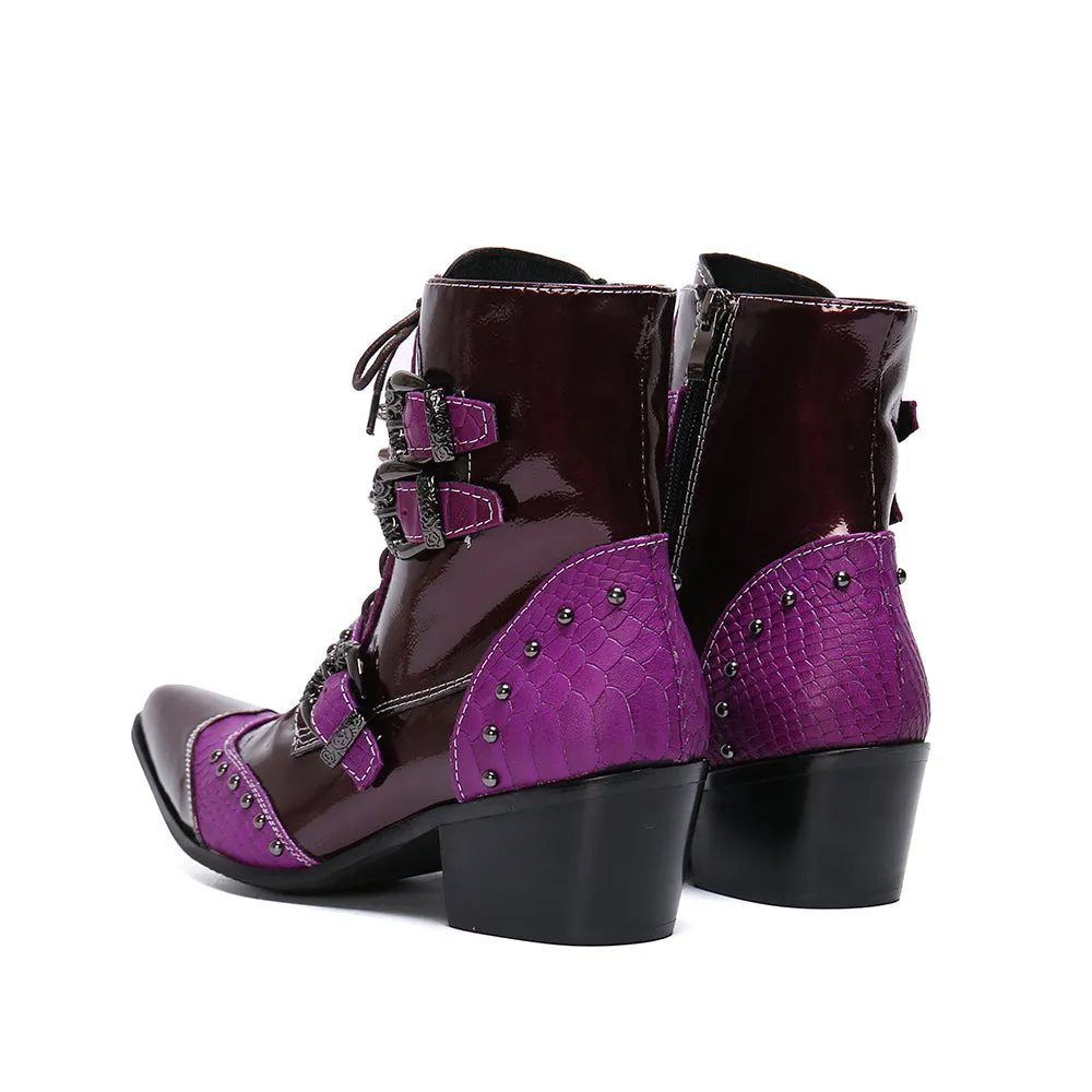 Winter Fashion Men Boots Rivets Patchwork Genuine Leather Mid-boots Male Lace Up Motorcycle Boots Plus Size Shoes