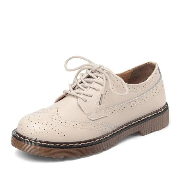 Women Oxford Flats Shoes Genuine Leather Vintage Casual Shoes Spring Autumn Lace up