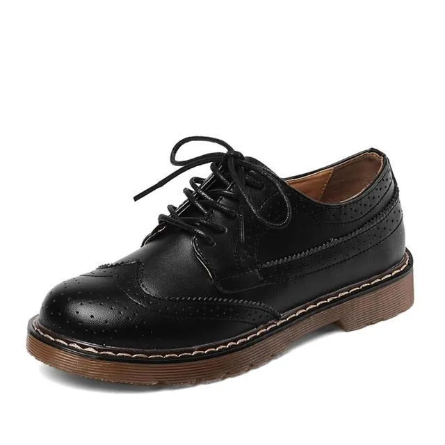 Women Oxford Flats Shoes Genuine Leather Vintage Casual Shoes Spring Autumn Lace up
