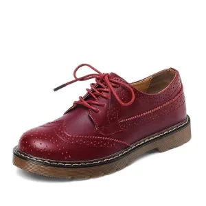 Women Oxford Flats Shoes Genuine Leather Vintage Casual Shoes Spring Autumn Lace up
