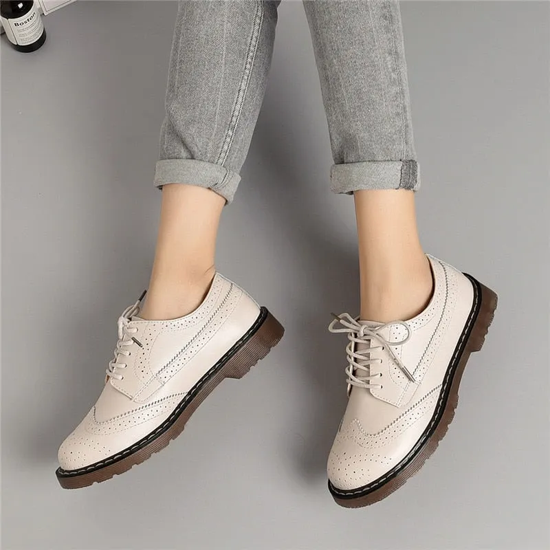 Women Oxford Flats Shoes Genuine Leather Vintage Casual Shoes Spring Autumn Lace up
