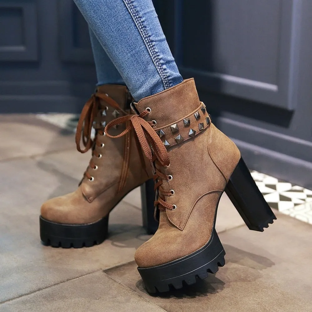 Women Platform Punk Heeled Motorcycle Boot