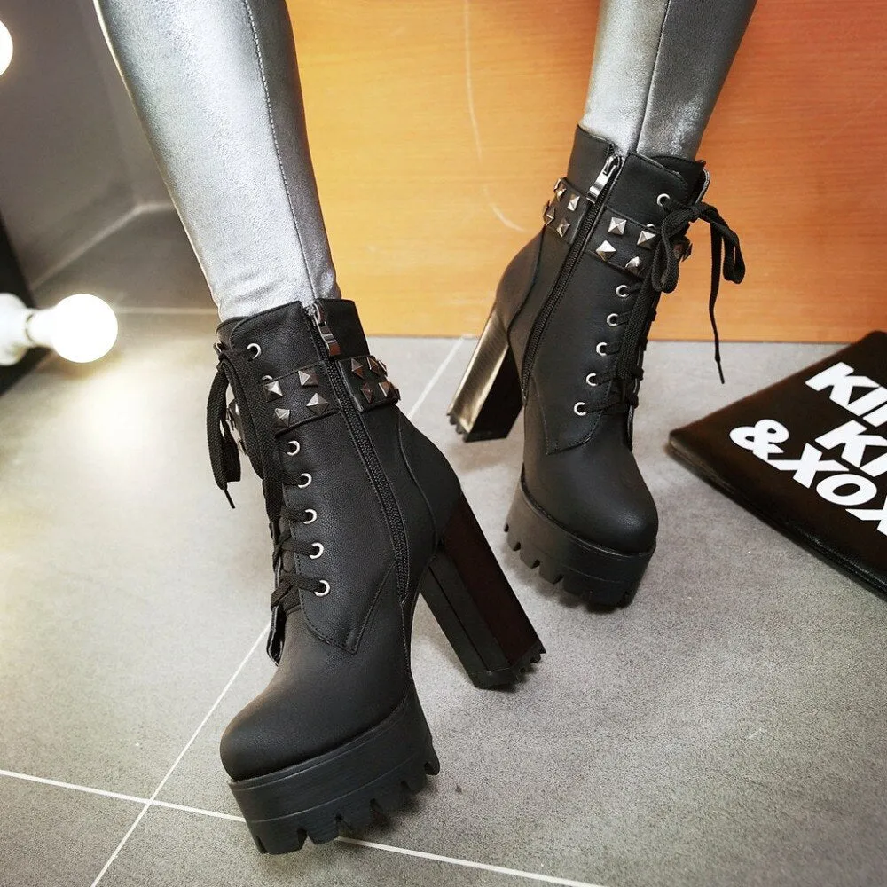 Women Platform Punk Heeled Motorcycle Boot