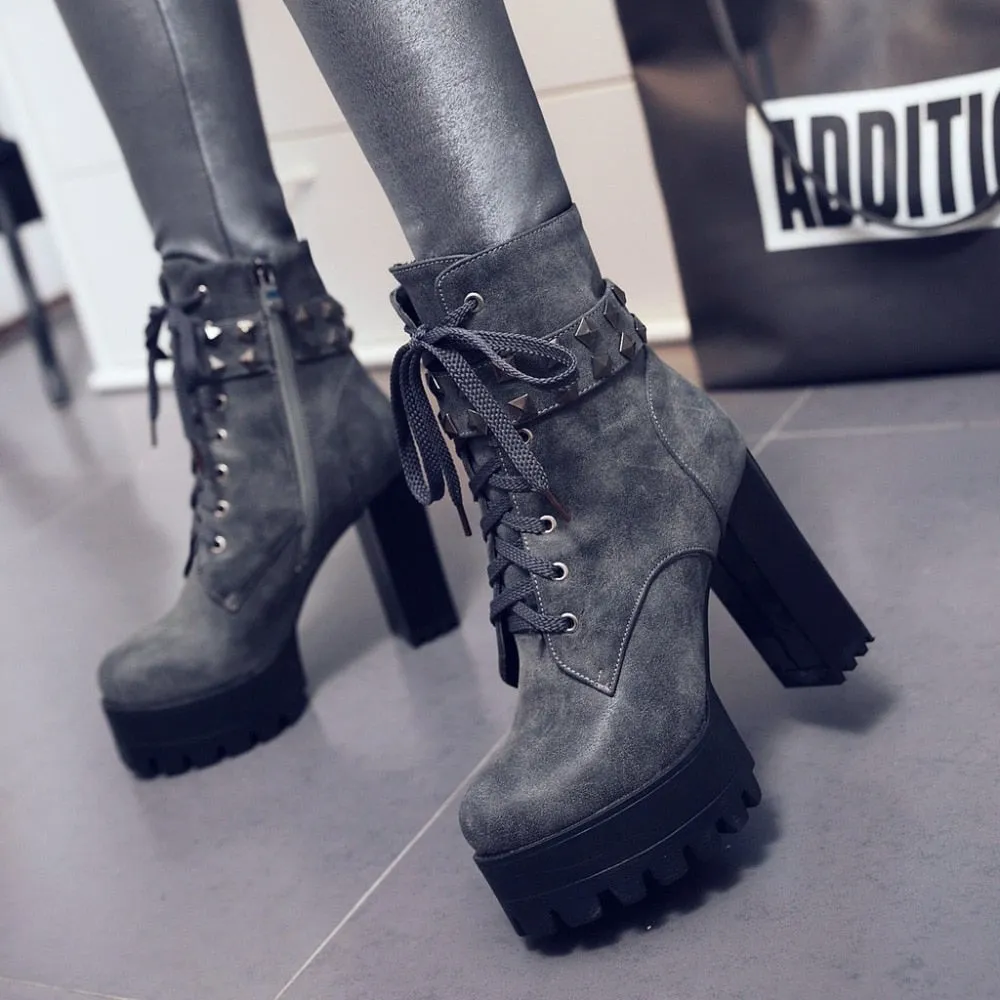 Women Platform Punk Heeled Motorcycle Boot