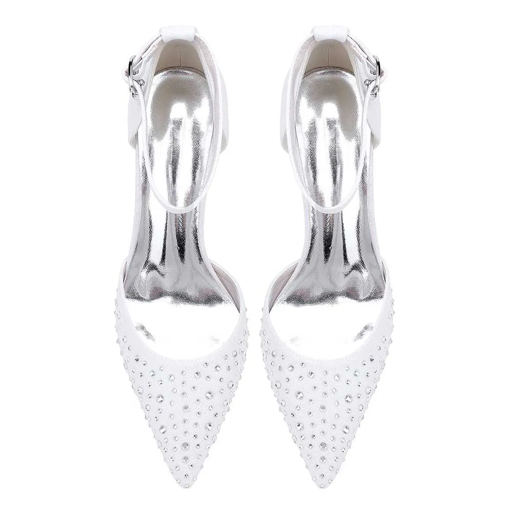 Women Satin Chunky Shoes Rhinestones Bridal Block Heel Sparkle Wedding Shoes