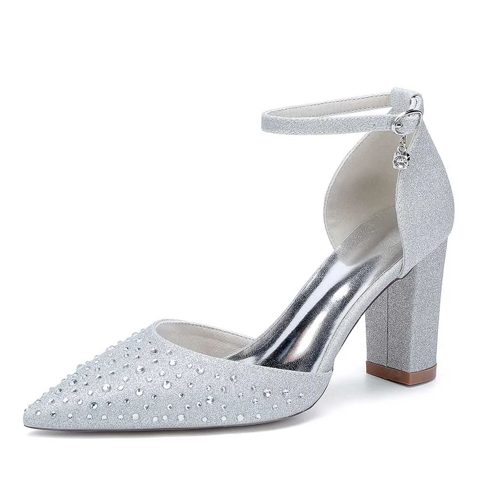 Women Satin Chunky Shoes Rhinestones Bridal Block Heel Sparkle Wedding Shoes