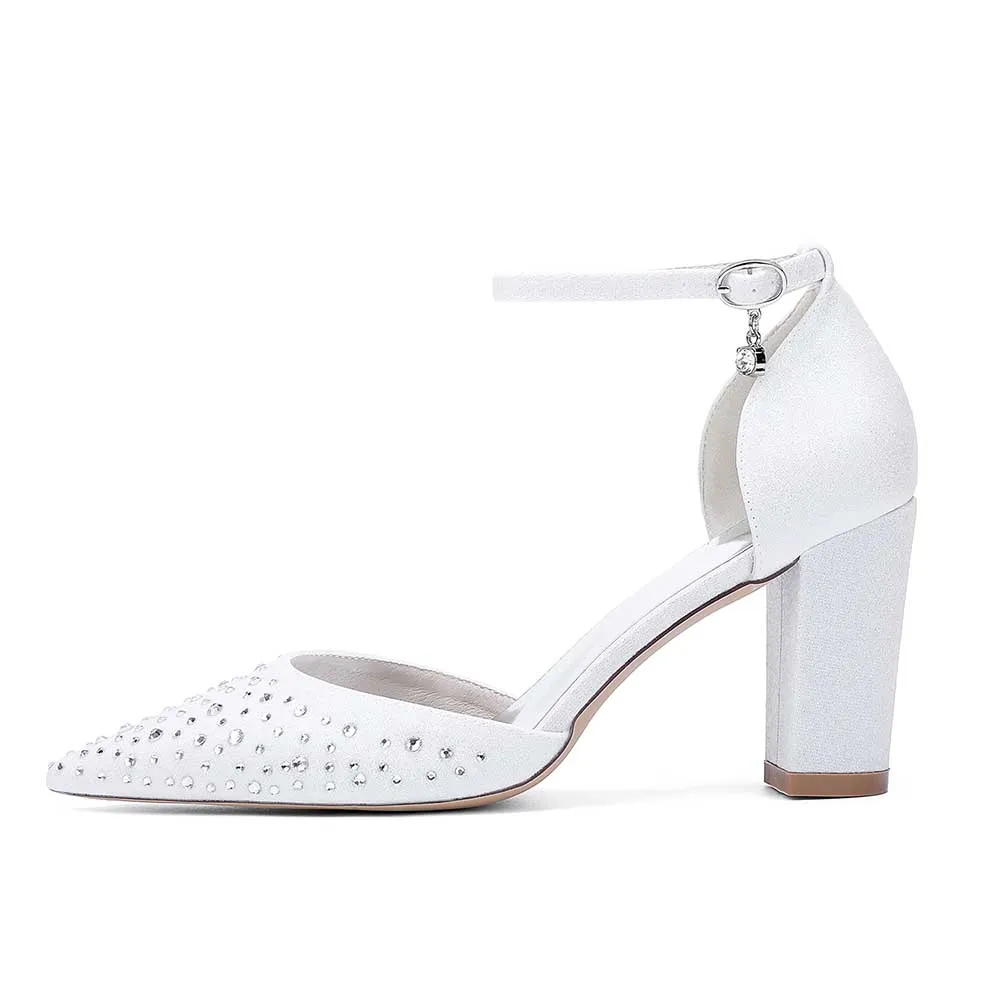 Women Satin Chunky Shoes Rhinestones Bridal Block Heel Sparkle Wedding Shoes