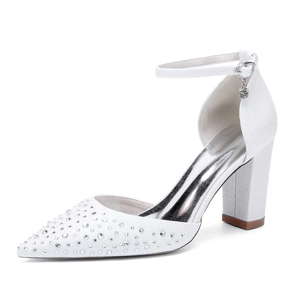Women Satin Chunky Shoes Rhinestones Bridal Block Heel Sparkle Wedding Shoes