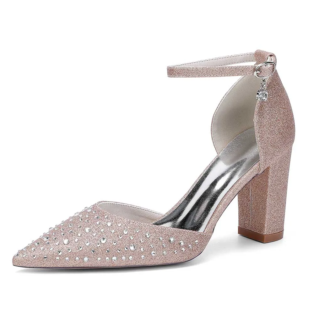 Women Satin Chunky Shoes Rhinestones Bridal Block Heel Sparkle Wedding Shoes