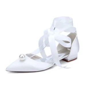 Women Satin Flat Shoes Ankle Strap Ballet Shoes With Preal Wedding Shoes