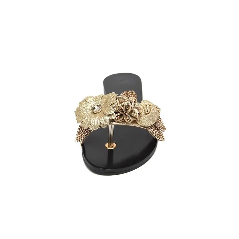 Women Summer Shoes Flat Beach Sandals  Ladies Bohemian Party Gold Slip on Slippers Shoes Woman Flower Luxury Brand Sandals
