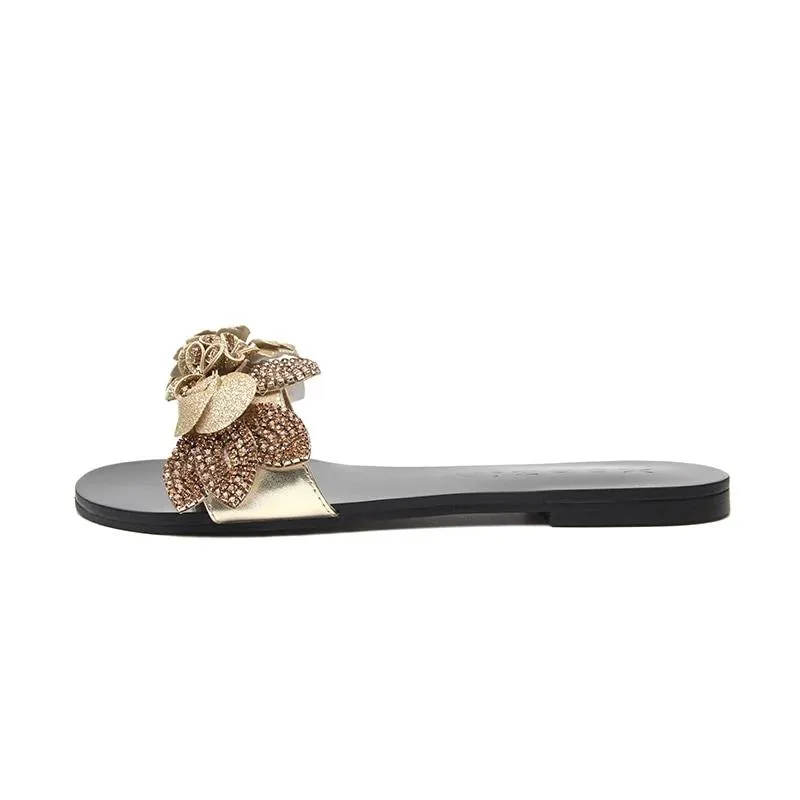 Women Summer Shoes Flat Beach Sandals  Ladies Bohemian Party Gold Slip on Slippers Shoes Woman Flower Luxury Brand Sandals
